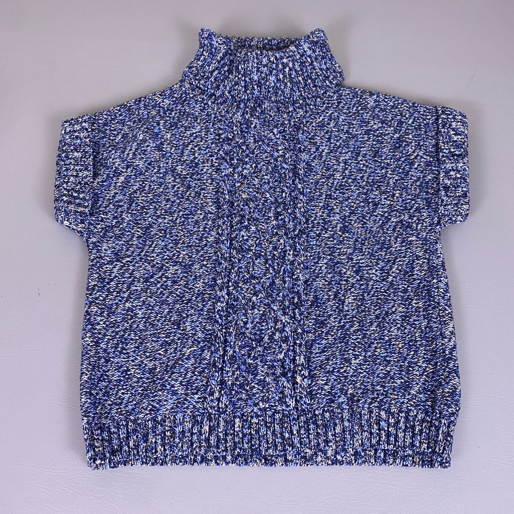 Dressbarn Sweater Vest Women 18/20 Cap Sleeves Blue Marled Cable Knit Turtleneck